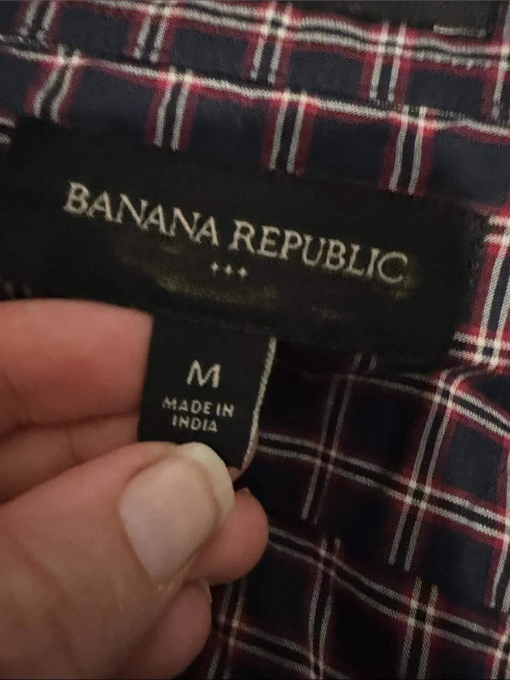 Men’s Banana Republic black Plaid Button-Up with Red and White Accents untucked
